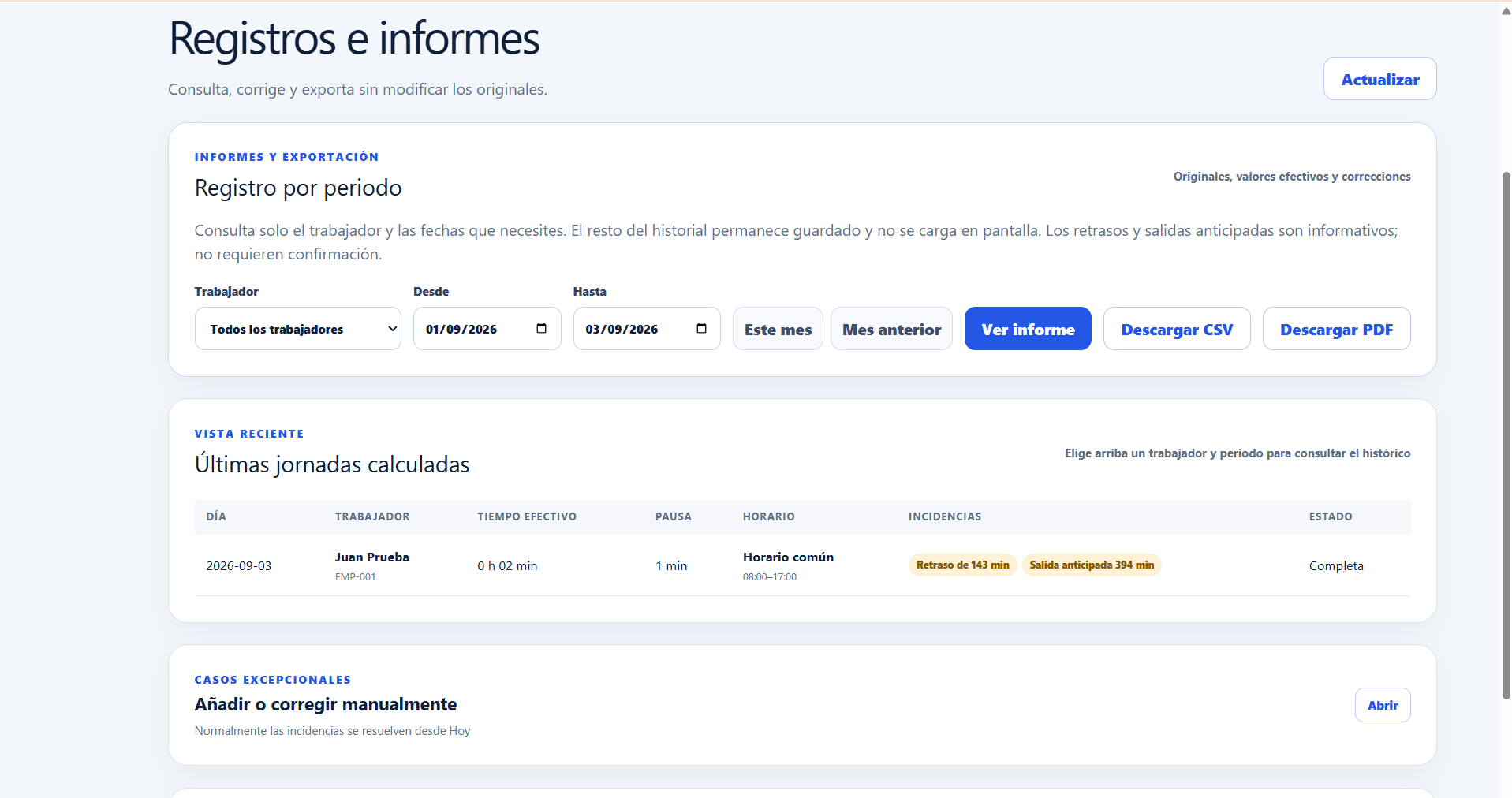 Informe de fichajes por trabajador y periodo